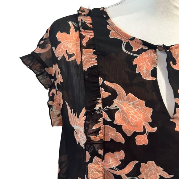 SCOTCH & SODA Black Pink Bird Floral Sheer Top Size XS - Picture 2 of 8